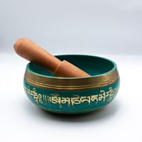Himalayan Singing Bowl | Hand Painted Bliss Pattern in Green color with a traditional wooden striker | Meditation Bowl | Music Therapy | Handcrafted in Nepal for Healing and Mindfulness - used during Meditation, Yoga, Prayer