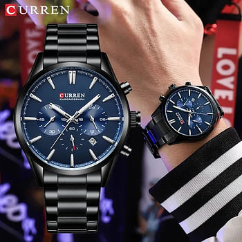 CURREN Original Brand Stainless Steel Band Wrist Watch For Men 8446 - Black Blue