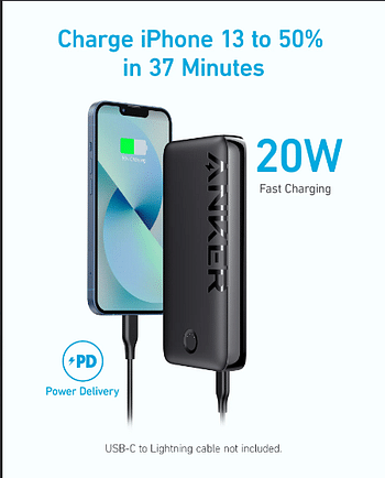 Anker 20000.0 mAh Power Bank, 20W Portable Charger with USB-C Fast Charging, 335 (PowerCore 20K), Works for iPhone 13/12 Series, Samsung, iPad Pro, AirPods, Apple Watch, and More. Black