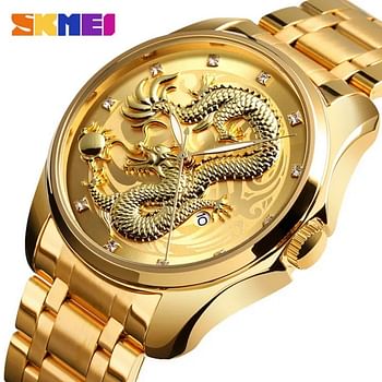 SKMEI Fashion Business Dragon Luxury Gold Stainless Steel Waterproof Quartz Watches for Men 9193