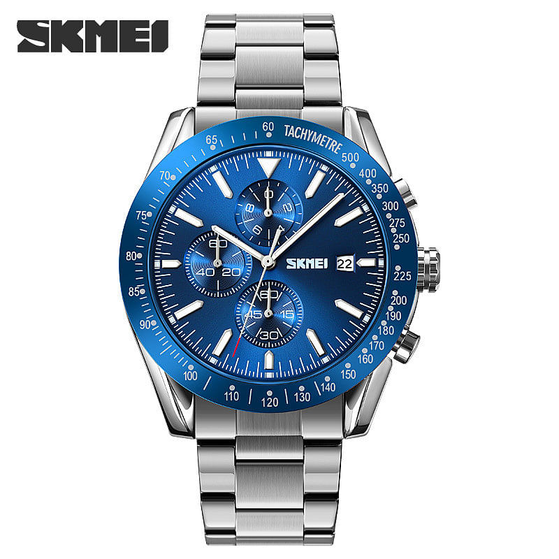 SKMEI 9253 New Design Silver Mens Quartz Watch Original Stainless Steel Band 3 Dials Chronograph Calendar Casual Watch Design - Silver Blue