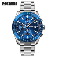 SKMEI 9253 New Design Silver Mens Quartz Watch Original Stainless Steel Band 3 Dials Chronograph Calendar Casual Watch Design - Silver Blue