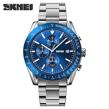 SKMEI 9253 New Design Silver Mens Quartz Watch Original Stainless Steel Band 3 Dials Chronograph Calendar Casual Watch Design - Silver Blue