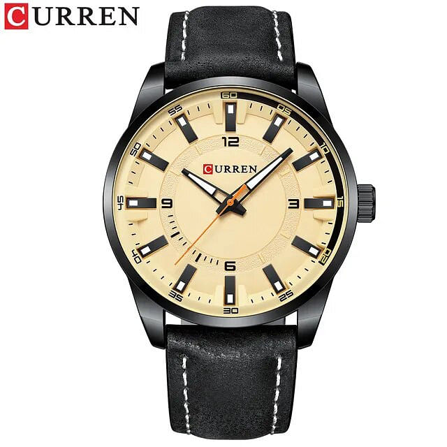 Curren 8390 Original Brand Leather Straps Wrist Watch For Men Black/Yellow