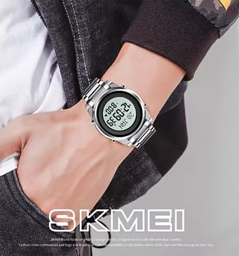 Skmei Watches  Steel Men Azan Watches Digital Pray Clock Fashion muslim prayer watch for Men and For Boys 1734 / Silver