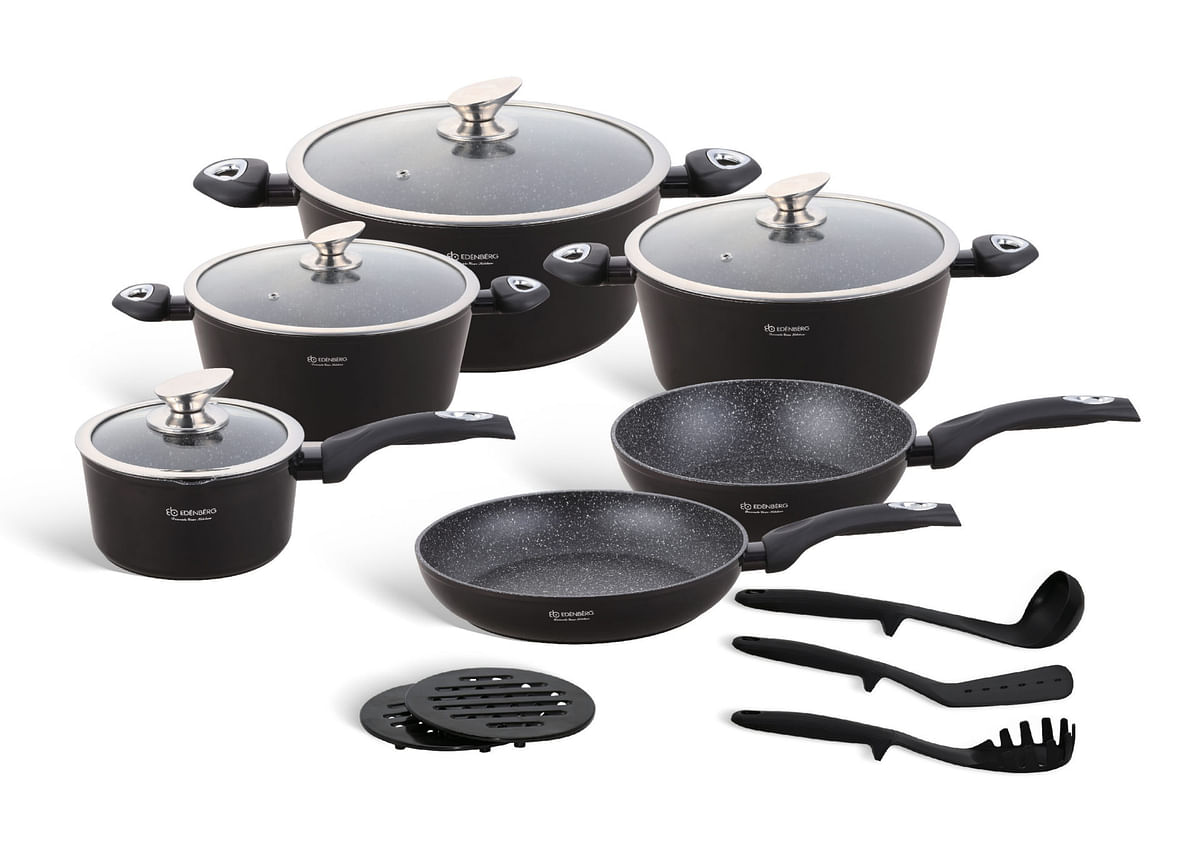 15PCS PRESSED ALUMINIUM COOKWARE SET ceramic-marbled coat, non-stick  coating, PFOA free Suitable for all types of cookers including induction  .