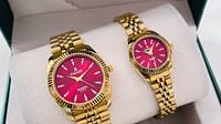 Galaxy Beautiful couple watches Fashion stainless steel chain watches Set of two gold-pink