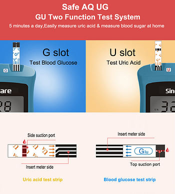 Sinocare Blood Glucose Uric Acid Meter with Advanced test strips Lancet Safe AQ UG for Multifunctions - Bundle (Device + 50 uric acid stips + 50 Safe AQ UG strips + 100 lancets)