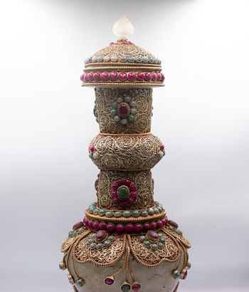 Antique Handcarved Crystal Filgree Flower Vase Home Decoration Silver Plated Inlay Jewelry Vase with Crystal quartz, Rubies and Emeralds Gemstones Handcrafted in Nepal