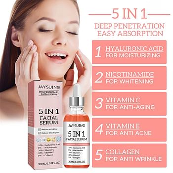 5 IN 1 Facial Serum with Hyaluronic Acid, Niacinamide, Collagen, Vitamin C & E - 30ml