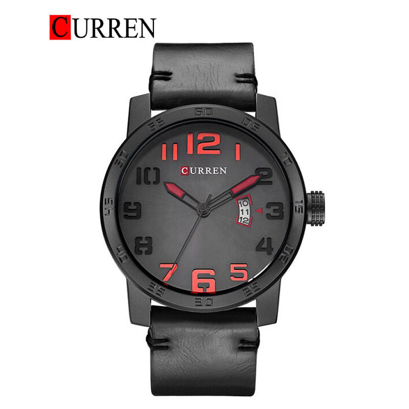 ساعة يد بسوار جلدي للرجال من كورين 8254 - أسود وأحمر