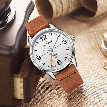 CURREN 8265 Men Quartz Wristwatch With Week Shows And Calendar Leather Strap Male Watches Brown with White dial