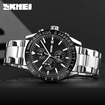 SKMEI 9253 New Design Silver Men's Quartz Watch Original Stainless Steel Band 3 Dials Chronograph Calendar Casual Watch Design - Silver and Black