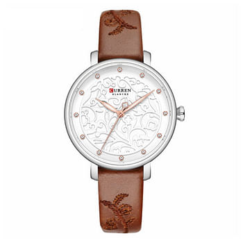 Curren 9046 Rhinestone White Dial Brown Leather Strap Watch