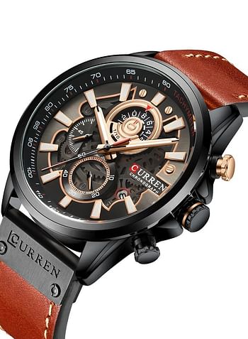 Men's Waterproof Geniune Leather BAnd Chronograph Quartz Watch 8380 - 48 mm