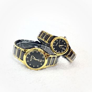 Boxer Waterproof Quartz Analog Couple Watch Set black-gold