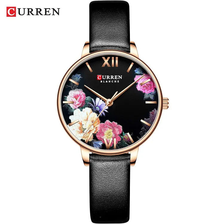 Curren 9060 Original Brand Leather Straps Wrist Watch For Women / Black