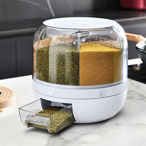 Rice Dispenser 6-Grid Rice Storage Container, Rice & Grain Storage Container Rotating Rice Storage Bucket One-Click Round Rice Output for Grains, Snacks, Dog Food, Coffee Beans