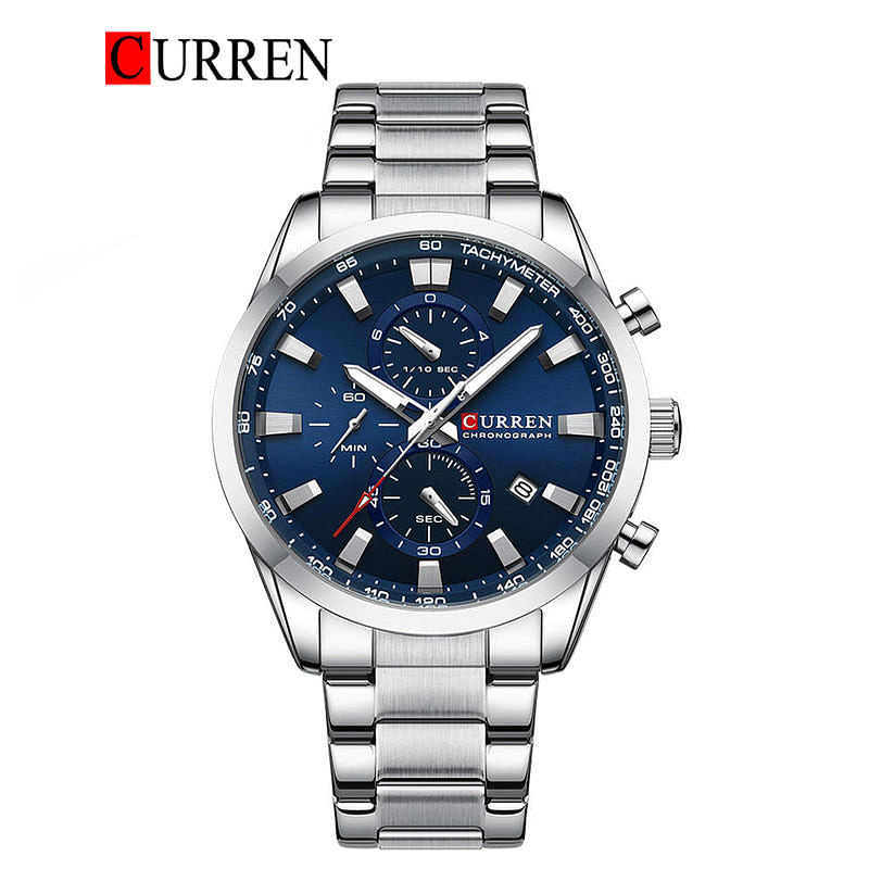 Curren 8445 Original Brand Stainless Steel Band Wrist Watch For Men - Silver and Blue