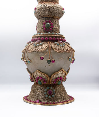 Antique Handcarved Crystal Filgree Flower Vase Home Decoration Silver Plated Inlay Jewelry Vase with Crystal quartz, Rubies and Emeralds Gemstones Handcrafted in Nepal