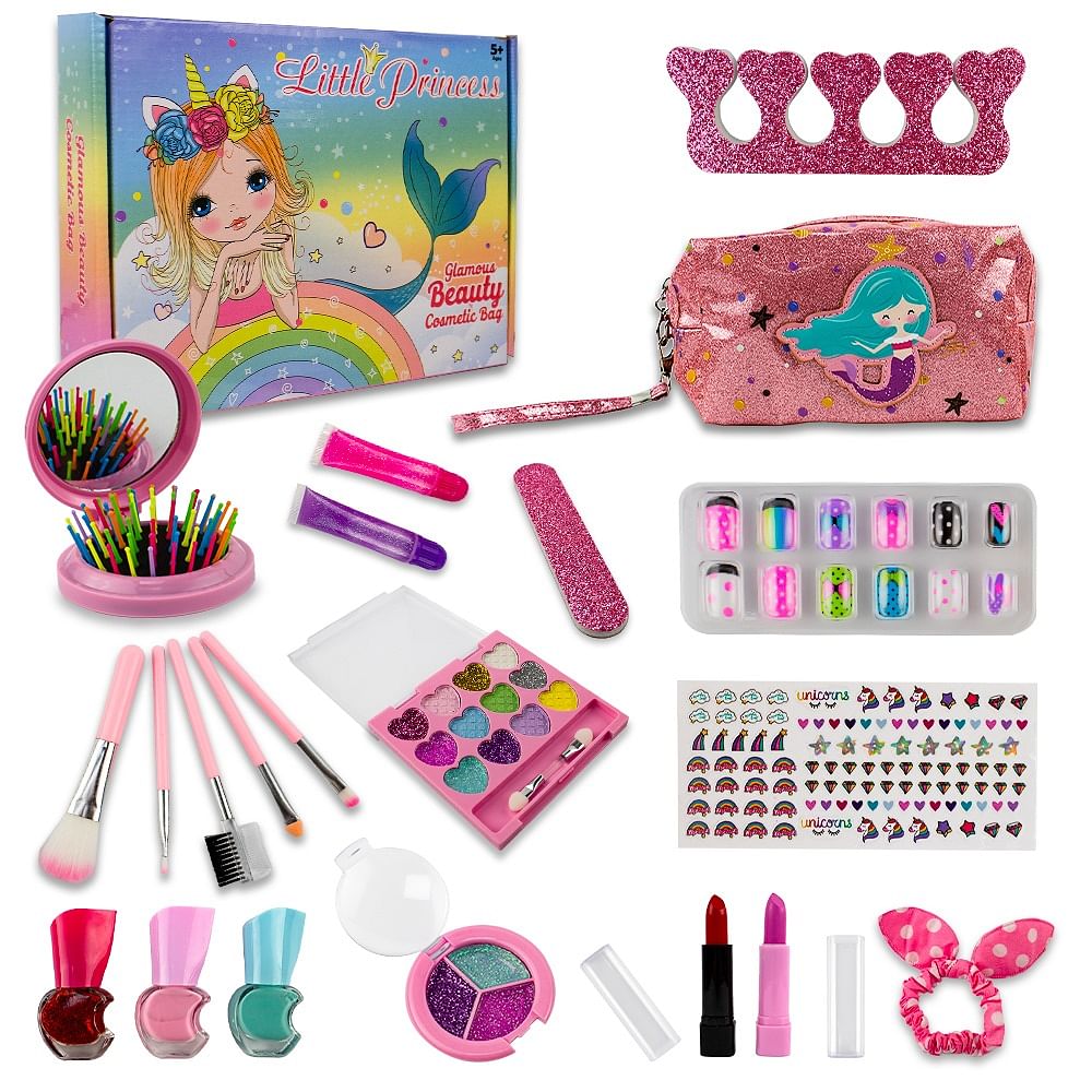 UKR Mermaid Kids Makeup Set Girls Cosmetics Vanity Case with Storage Bag 15 Colors Eyeshadow Glitter 3 Nailpolish Nail Stickers Kids Press On Nails Girls 5 and Up Girls Gift Birthday