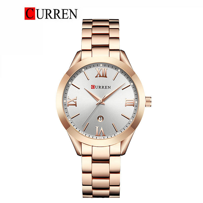 Curren 9007 Original Brand Stainless Steel Band Wrist Watch For Women / Rose Gold White Dial