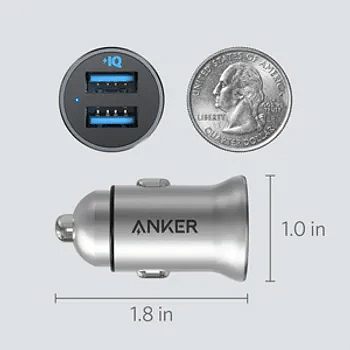 Anker PowerDrive 2 Alloy Metal Mini 24W PowerIQ technology 4.8A Dual USB-A Output Compact Style Car Charger Silver