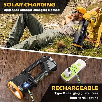 Rechargeable Solar Spotlight, 120,000 Lumens, Handheld Hunting Flashlight, LED Spotlight with Cob Light and Solar Panels, Super Bright Solar Searchlight for Hunting, Marine, Camping