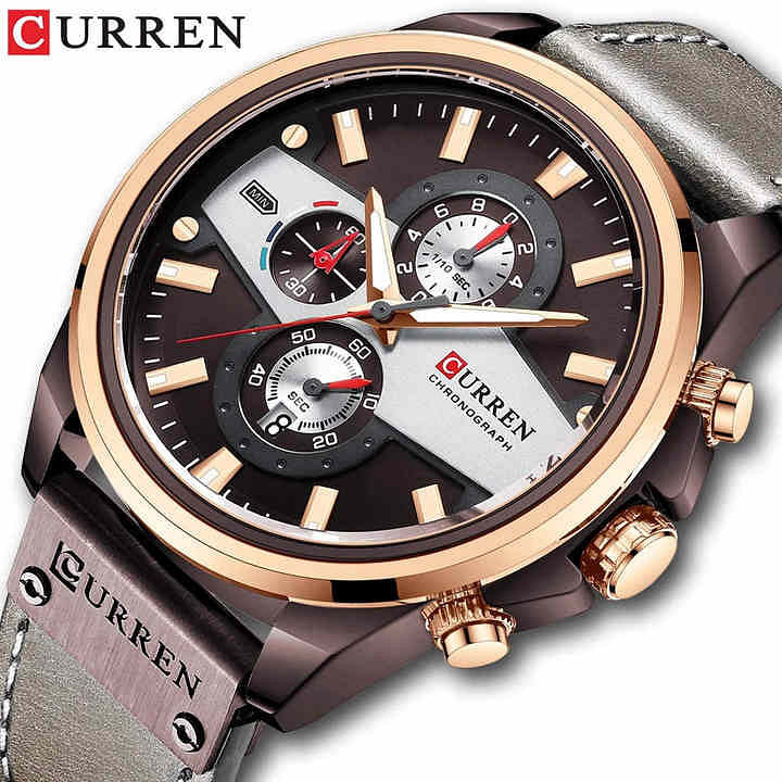 CURREN 8394 Original Brand Leather Straps Wrist Watch For Men - Grey and  Rose Gold