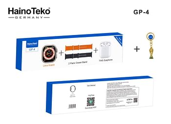 German Haino Teko Smart Watch GP-4 With Wireless Charger And 2 Ocean Band Strap + TWS Earphone + World Cup Key Chain Best Value Combo