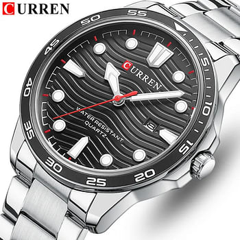 Curren 8450 Top Luxury Brand Original Men's Quartz Watch Fashion Steel Strap Casual 30M Waterproof - Silver and Black