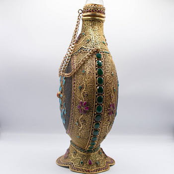 Antique Handcarved Crystal Filgree Bottle Pot Home Decoration Silver Plated Gold and Silver Plated Inlay with Crystal quartz, Rubies and Emeralds Gemstones, Turquoise Crystal Handcrafted in Nepal