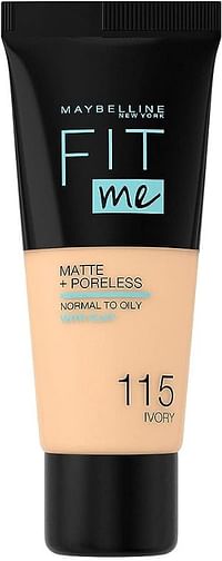 Maybelline New York Liquid Foundation, Matte & Poreless, Full Coverage and Blendable, Normal to Oily Skin, Fit Me, 115 Ivory