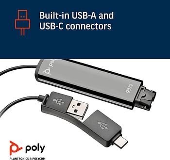 محول رقمي DA75 USB-A/USB-C من بولي (بلانترونيكس) - يعمل مع سماعات راس بولي كول سنتر سريعة الفصل (QD) - حماية سمعية صوتية - يعمل مع منصات مركز الاتصال افايا وجينيسيس وسيسكو