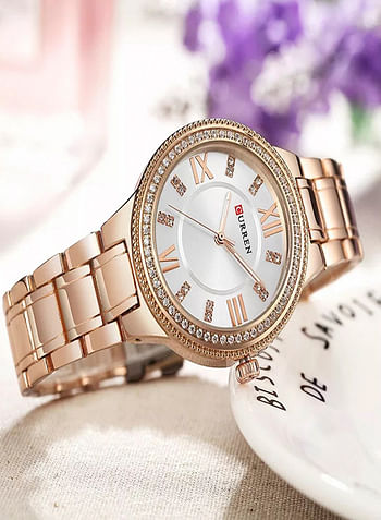 CURREN 9004 Brand Luxury Women's Casual Watches Waterproof Wristwatch Women Fashion Dress Rhinestone Stainless Steel Ladies Clock-Rosegold & White