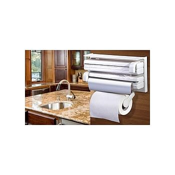 Rylan 3 in 1 Kitchen Triple Paper Dispenser & Holder Paper Foil Cling Wrap - 3 in 1 Wrap Centre Holds Silver Foil Plastic Wrap and Paper Towels-White