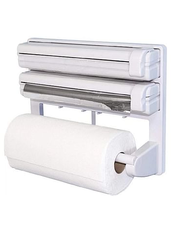 Rylan 3 in 1 Kitchen Triple Paper Dispenser & Holder Paper Foil Cling Wrap - 3 in 1 Wrap Centre Holds Silver Foil Plastic Wrap and Paper Towels-White