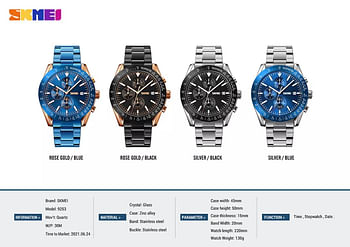 SKMEI 9253 New Design Silver Mens Quartz Watch Original Stainless Steel Band 3 Dials Chronograph Calendar Casual Watch Design - Silver Blue