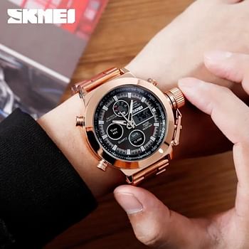 SKMEI New Men Fashion Watches Digital Quartz Dual Display Waterproof Wristwatches Stainless Steel Sport Watch For Men 1515