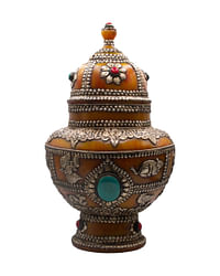 Antique Amber Pot with Silver Carving, Rubies Gemstone and Turquoise Crystal Handcrafted in Nepal