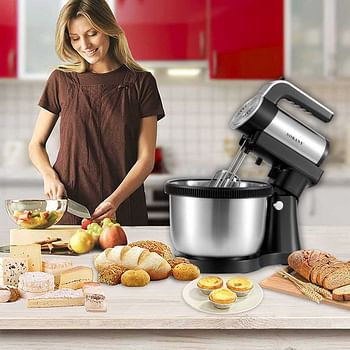 خلاط طعام SOkany Kitchen من الفولاذ المقاوم للصدأ سعة 4 لتر و5 سرعات وقوة 1000 وات للبيض والكعك SK-6662 - أسود وفضي