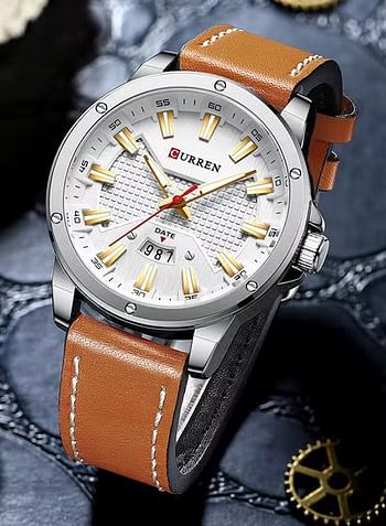 CURREN Men's Waterproof Geniune Leather BAnd With CalAnder Quartz Watch 8376 - 46 mm - Silver