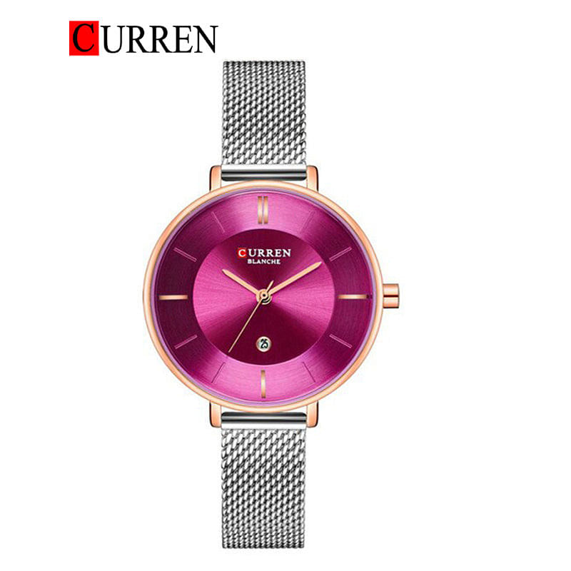 Curren 9037 Original Brand Stainless Steel Band Wrist Watch For Women / Silver and Purple Dial