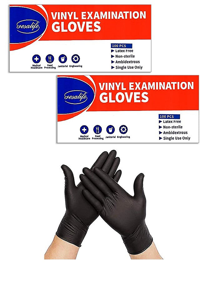 Pack of 2 Powder Free Disposable Vinyl Black Gloves Large Size 200 Pieces