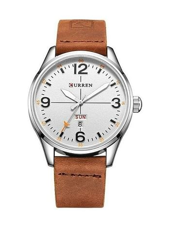 CURREN 8265 Men Quartz Wristwatch With Week Shows And Calendar Leather Strap Male Watches Brown with White dial