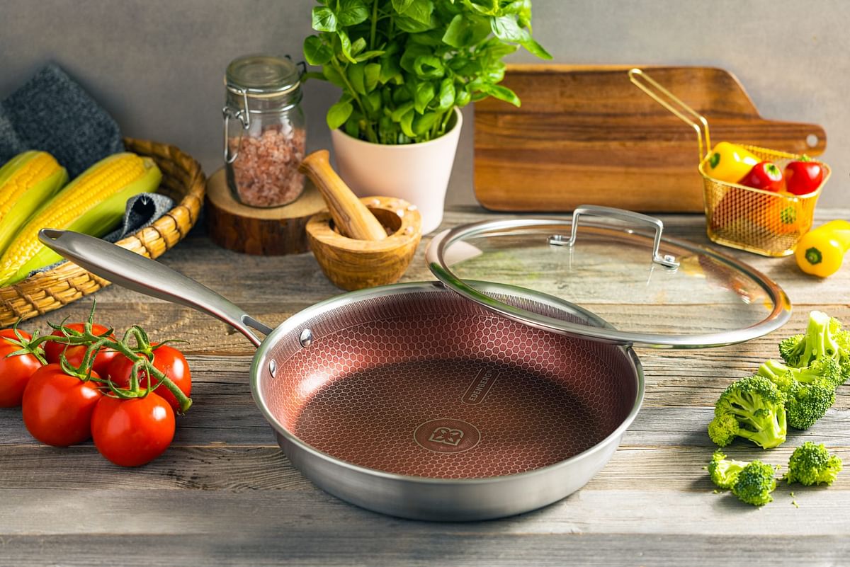 Edenberg 28CM FRY PAN WITH LID WINE HONEY COMB COATING - NON-STCK SCRATCH FREE Three layers, STAINLESS STEEL+ALUMINIUM+STAINLESS STEEL