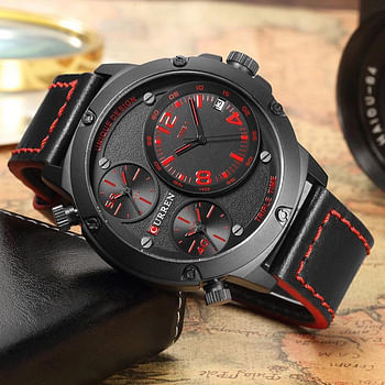 Curren 8262 Original Brand Leather Straps Wrist Watch For Men - Black and Red