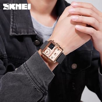 SKMEI 1584 Men's Multifunction Square Dial Digital Analog LED Chronograph Leather Strap Wristwatch.