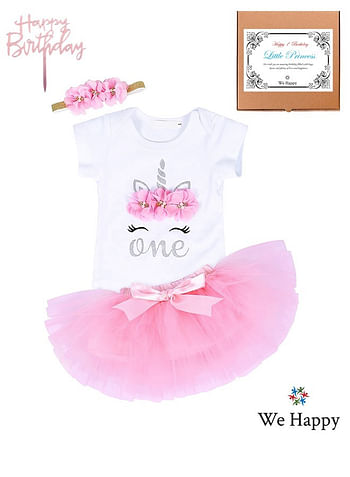 We Happy 4 Pieces 1st Birthday Baby Girl Costume Set, Newborn Princess ONE Printed Dress for Theme Party Photoshoot, Unicorn Bodysuit with Tutu Skirt, Cake Topper and Floral Headband - Pink, 1 Year