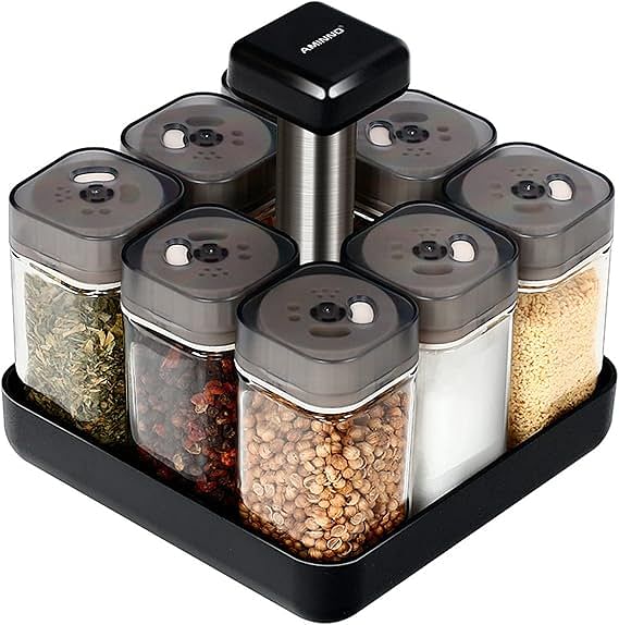 9 Jar Rotating Spice Rack Organizer Kitchen Jars For Spices Rotating Glass Cruet Seasoning Jar Set BBQ Pepper Salt Shakers Paprika Bottle Kitchen Storage